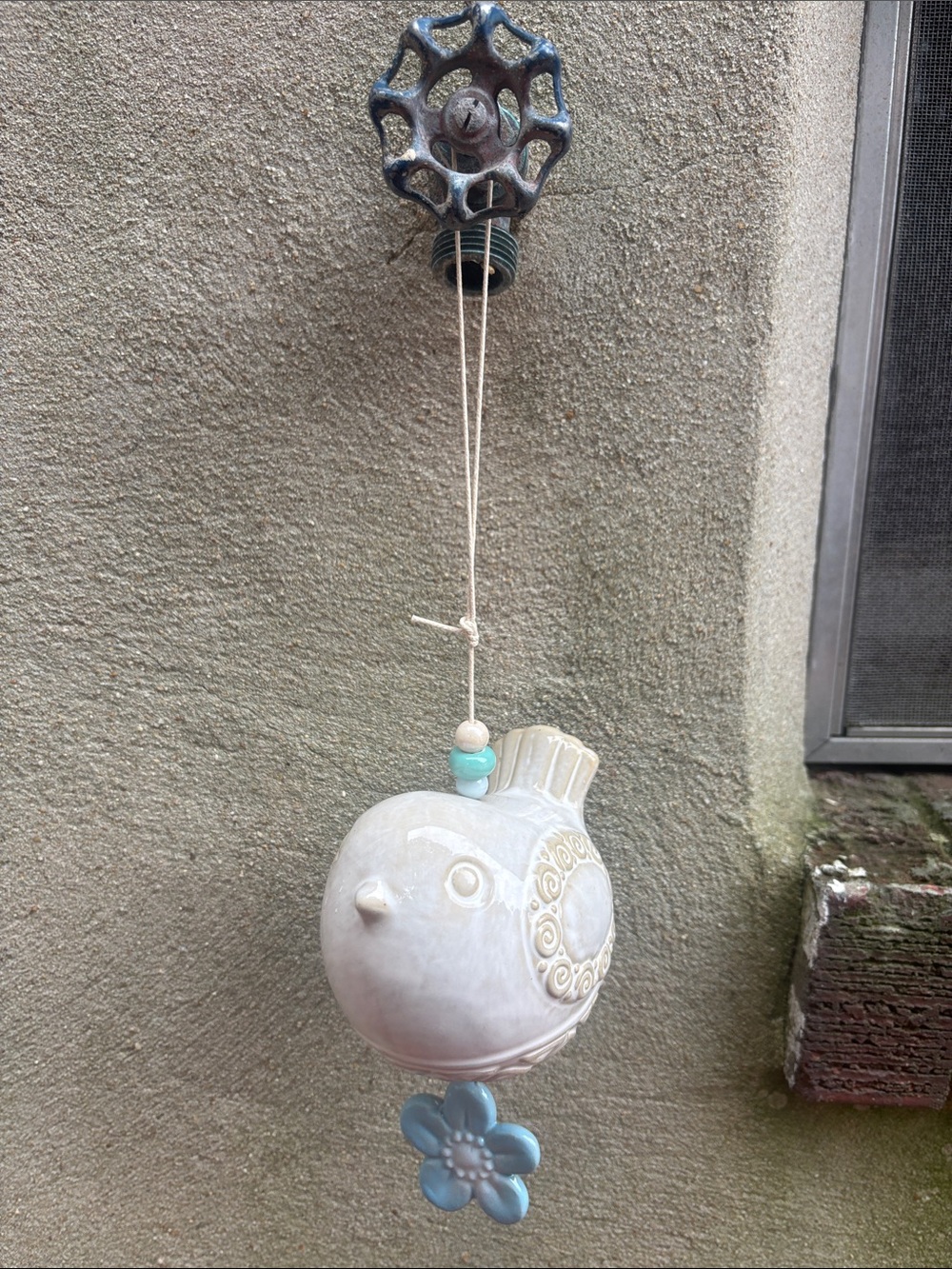Ceramic Hanging Bird Wind Chime with Blue Flower - Picture 2 of 8